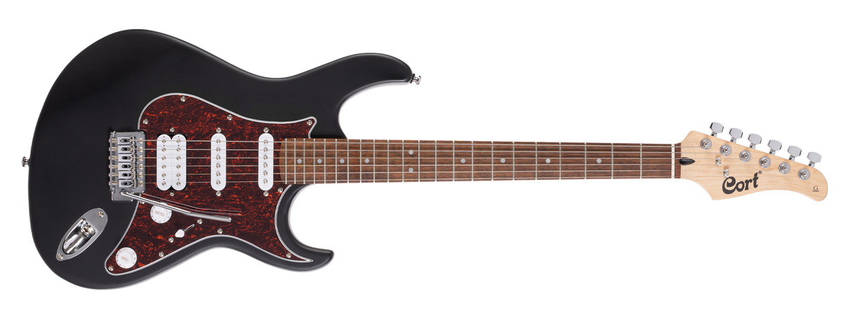 A black Cort G110 electric guitar with a double cutaway body, H-S-S pickup configuration, and a satin neck finish.