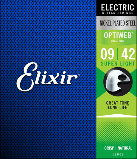 ELIXIR Optiweb Electric Guitar Strings – Super Light 09-42 Gauge (Single Pack) shown in packaging