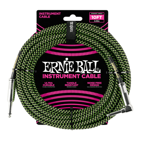 Ernie ball 10ft braided instrument cable in black and green front view