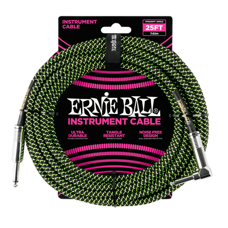 Ernie ball 25ft braided instrument cable in black and green front view