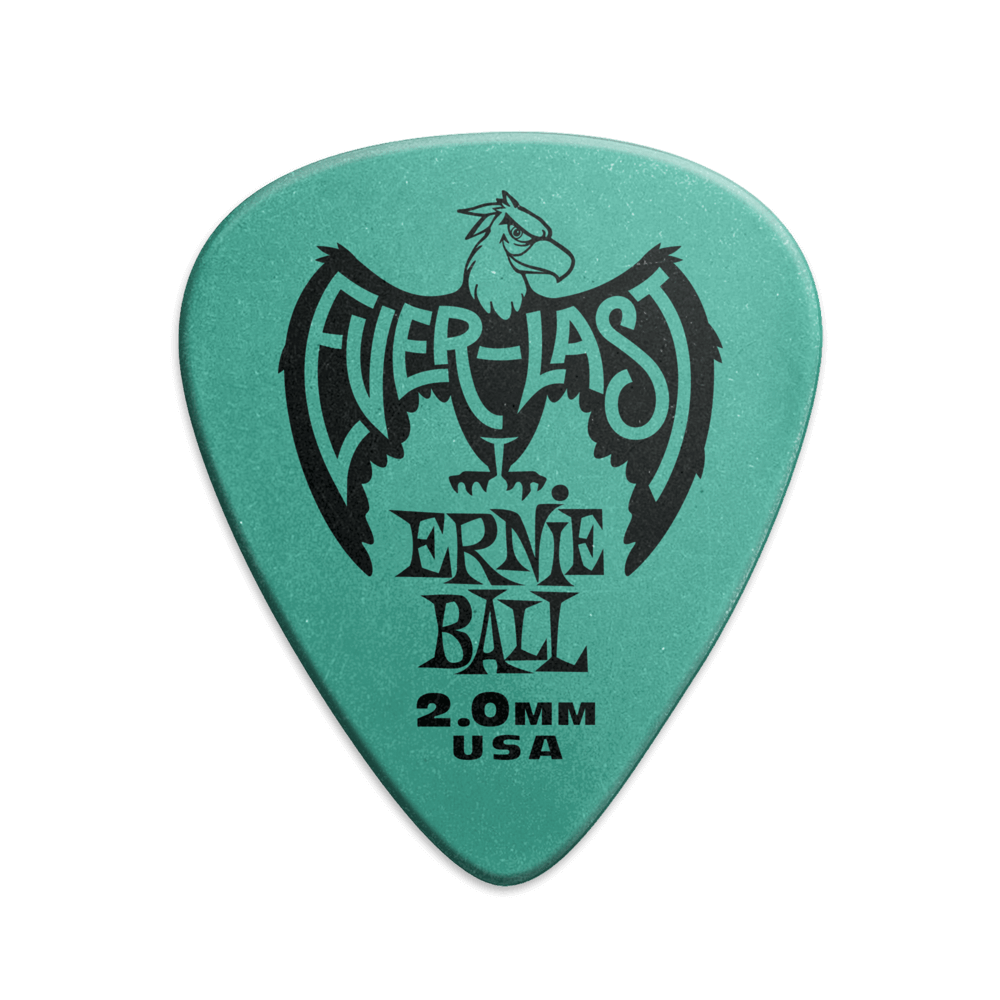 A single green Ernie Ball Everlast guitar pick with the brand logo and text 'Everlast Ernie Ball 2.0MM USA' printed on it.