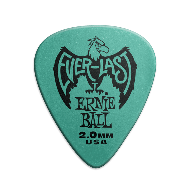 A single green Ernie Ball Everlast guitar pick with the brand logo and text 'Everlast Ernie Ball 2.0MM USA' printed on it.