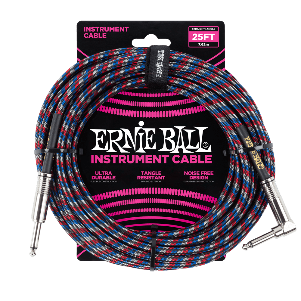 ERNIE BALL Braided Instrument Cable - Straight/Angle - Black/Red/White/Blue (25ft)