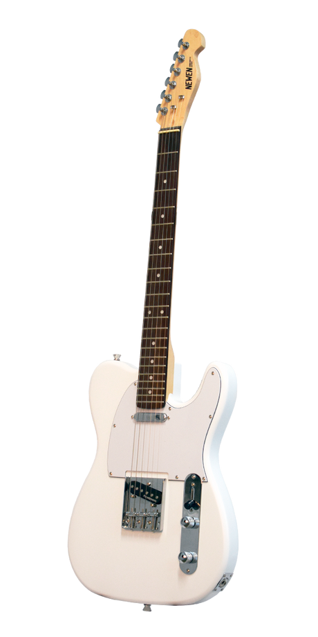 A white electric guitar with a single-coil pickup layout and a maple wood handle.