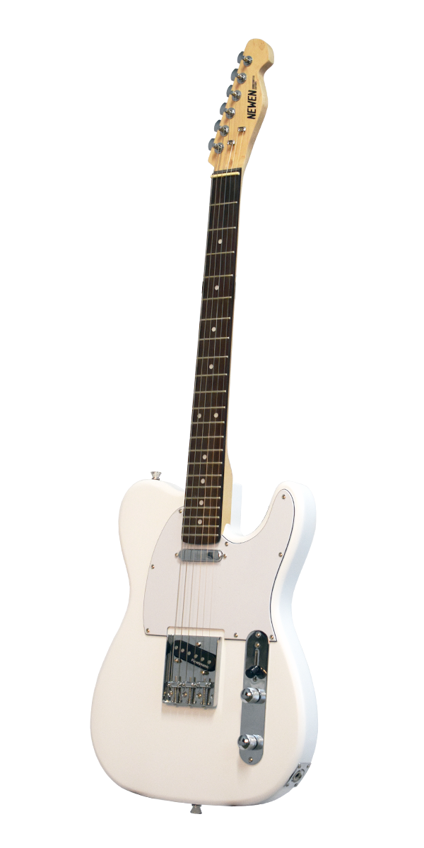 A white electric guitar with a single-coil pickup layout and a maple wood handle.