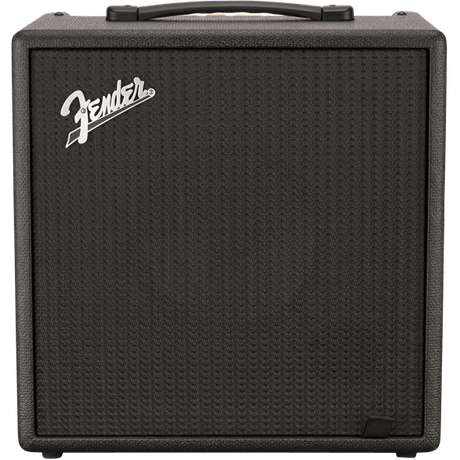 Fender rumble lt25 bass amp front on view with logo on front and amp in black