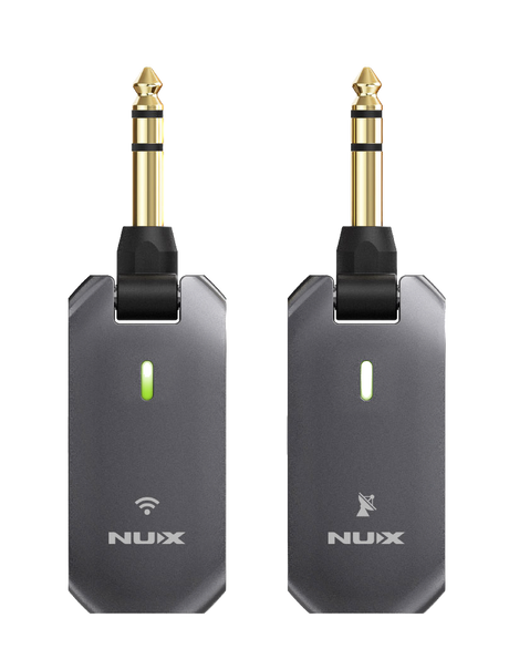 Nux branded 5-rc wireless device in two parts from the front on a clear background