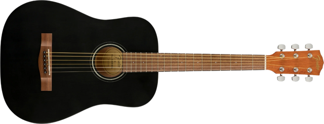 A black Fender FA-15 3/4 Scale Steel String Acoustic Guitar with a wooden fingerboard and a gig bag.