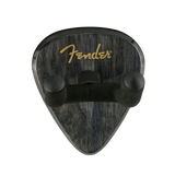 Fender guitar pick-shaped wall hook with gold logo on a white background