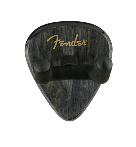 Fender guitar pick-shaped wall hook with gold logo on a white background