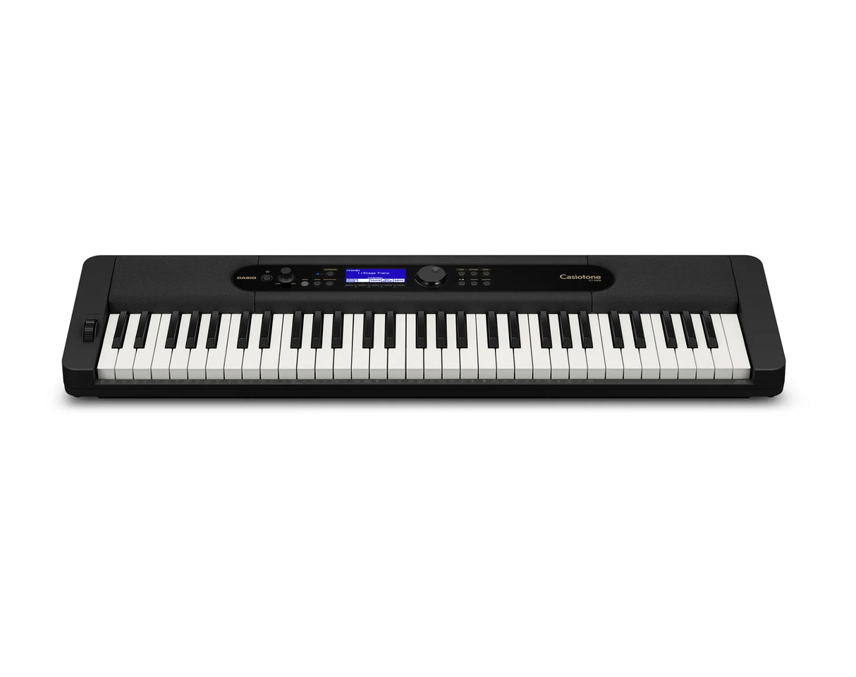 Casio CT S410 Digital piano with black casing and white keys on a white background