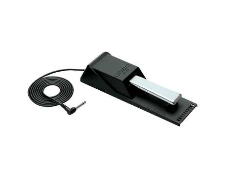 Black casio sustain pedal with cable on a clear background