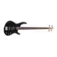 Black electric bass guitar on a white background