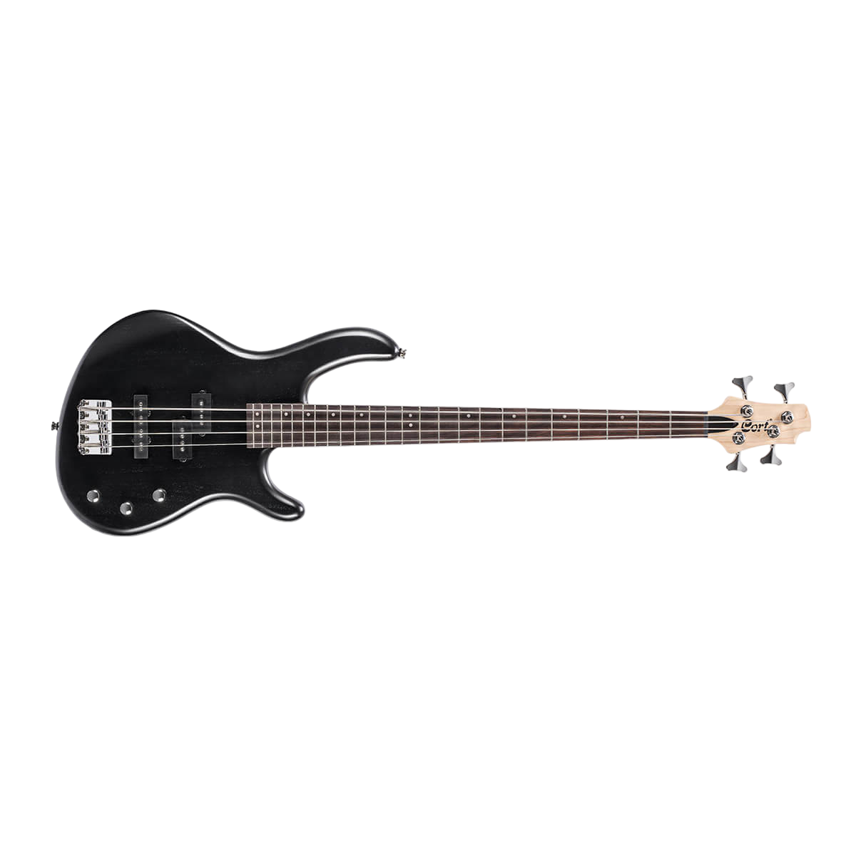 Black electric bass guitar on a white background