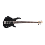 Black electric bass guitar on a white background
