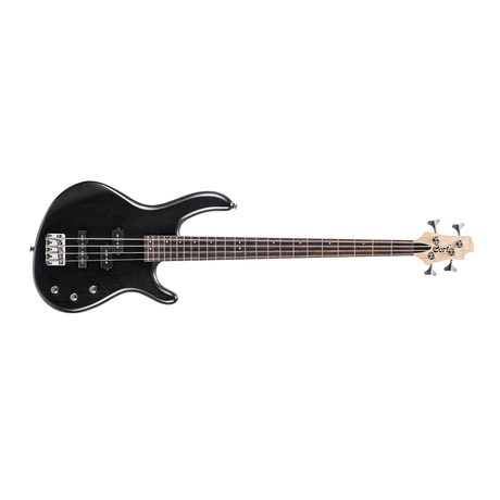 Black electric bass guitar on a white background