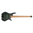 Black green electric headless bass guitar with a wooden neck on a clear background