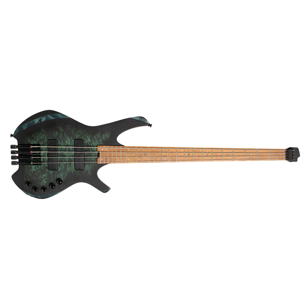 Black green electric headless bass guitar with a wooden neck on a clear background
