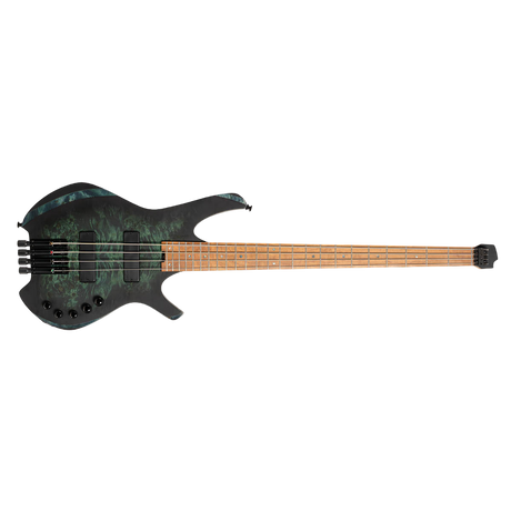Black green electric headless bass guitar with a wooden neck on a clear background