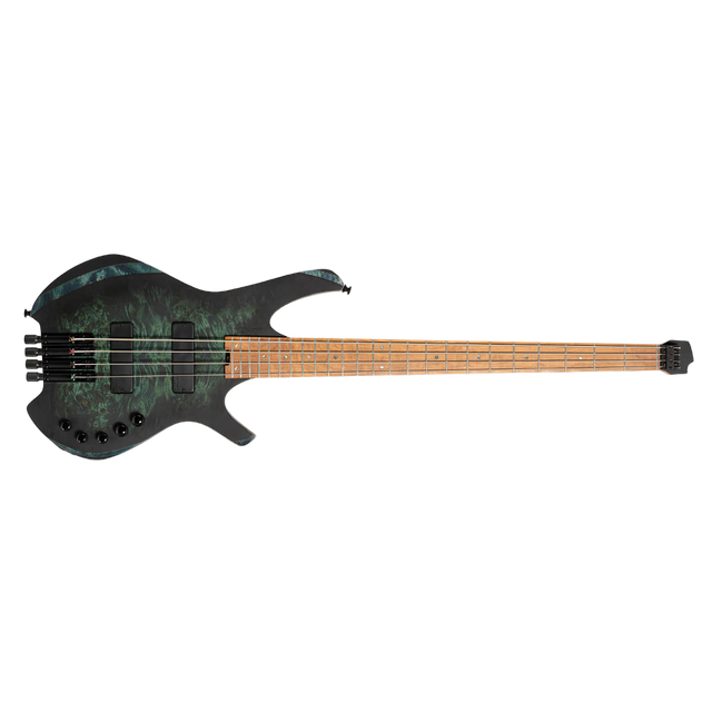 Black green electric headless bass guitar with a wooden neck on a clear background