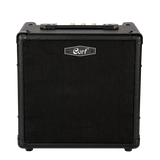 Black guitar amplifier with 'Cort' branding on a clear background