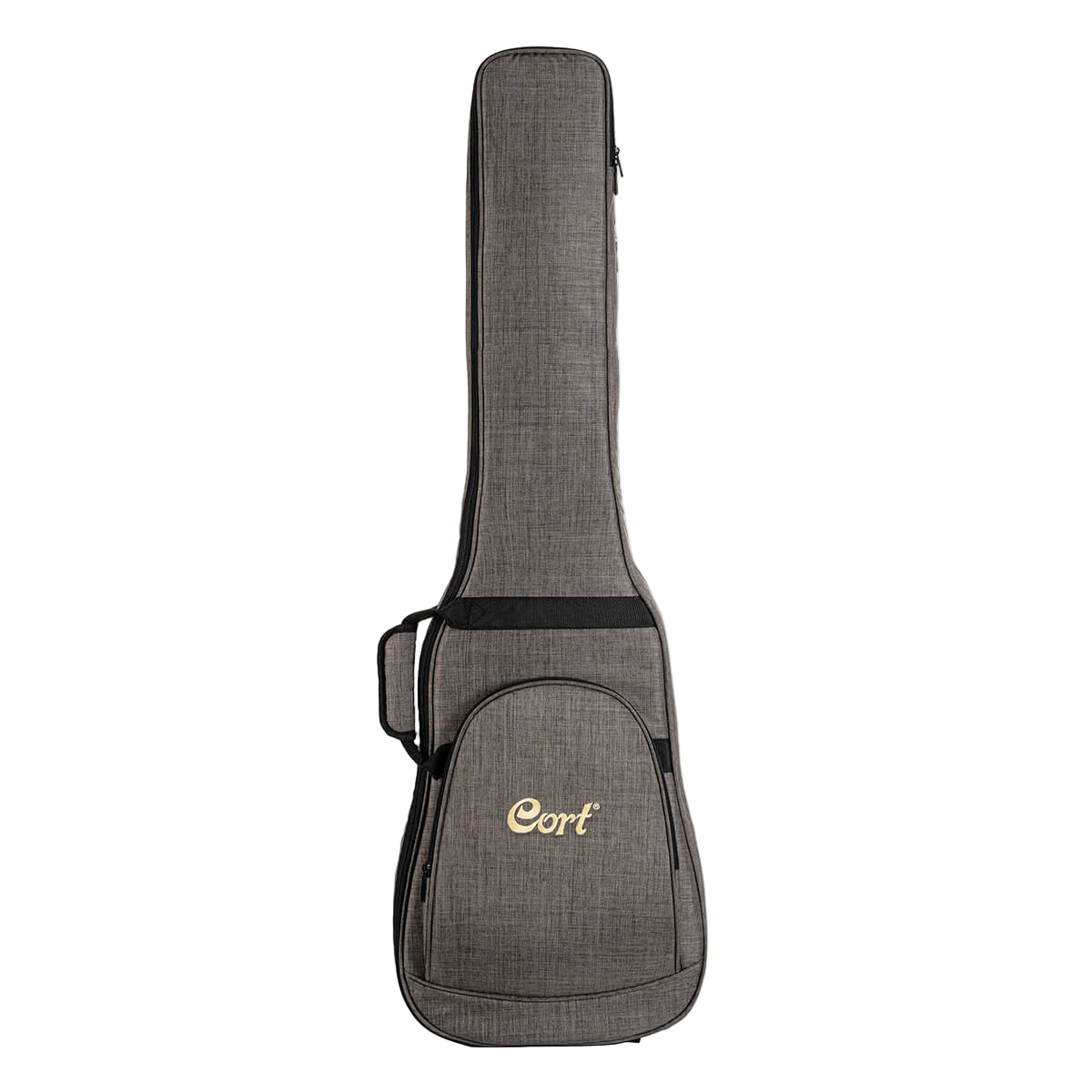 Gray guitar case with 'Cort' logo on a clear background