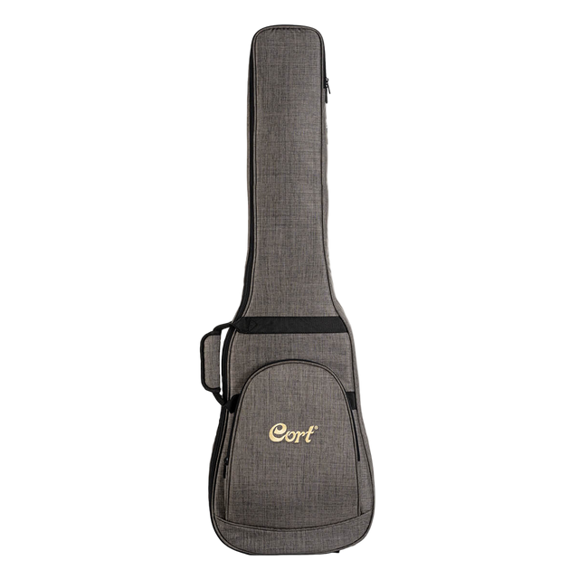 Gray guitar case with 'Cort' logo on a clear background