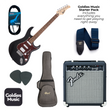Guitar starter pack with guitar, amplifier, case, strap, and accessories on a white background.