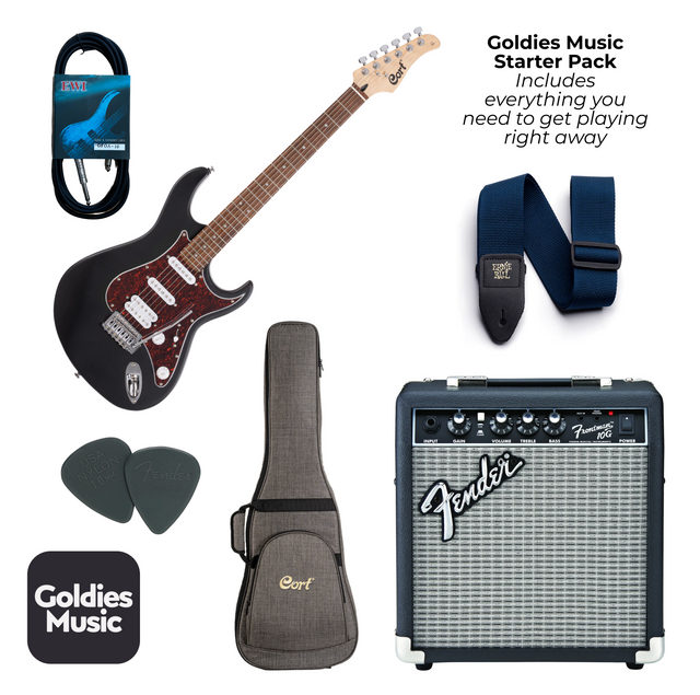 Guitar starter pack with guitar, amplifier, case, strap, and accessories on a white background.