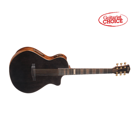 Cort modern black acoustic guitar front on with clear background