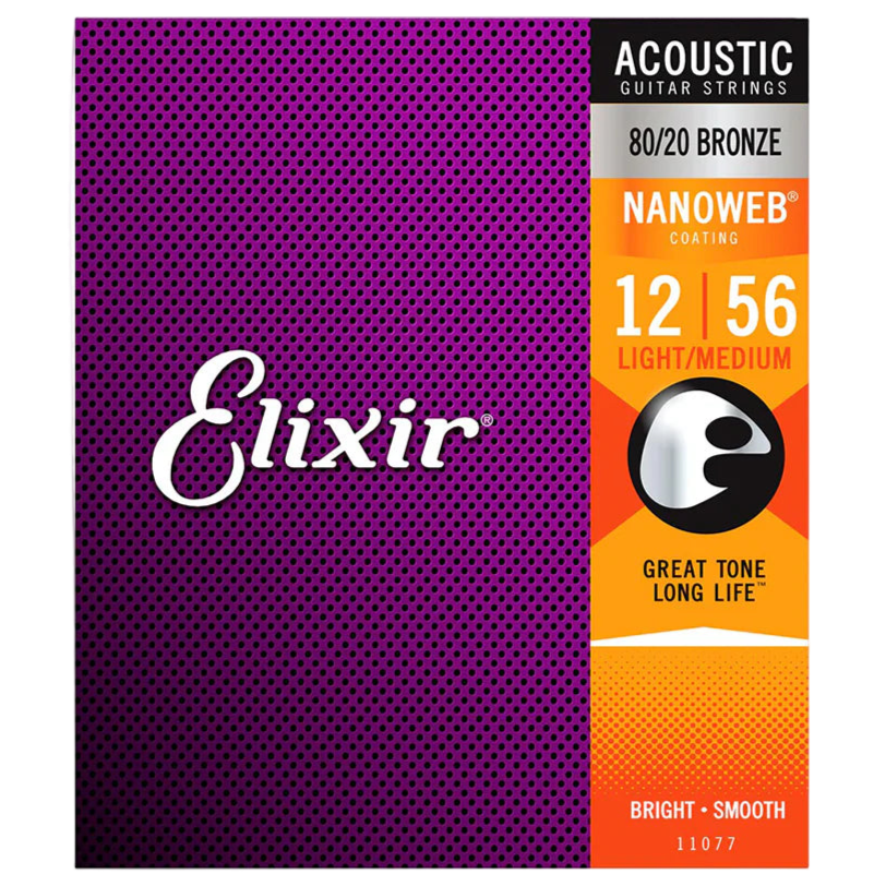Elixir acoustic guitar strings packaging with purple and orange design