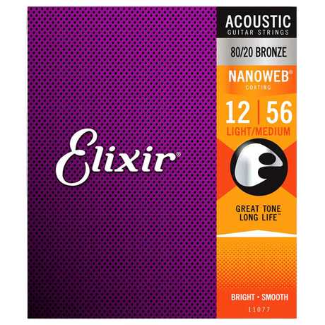 Elixir acoustic guitar strings packaging with purple and orange design
