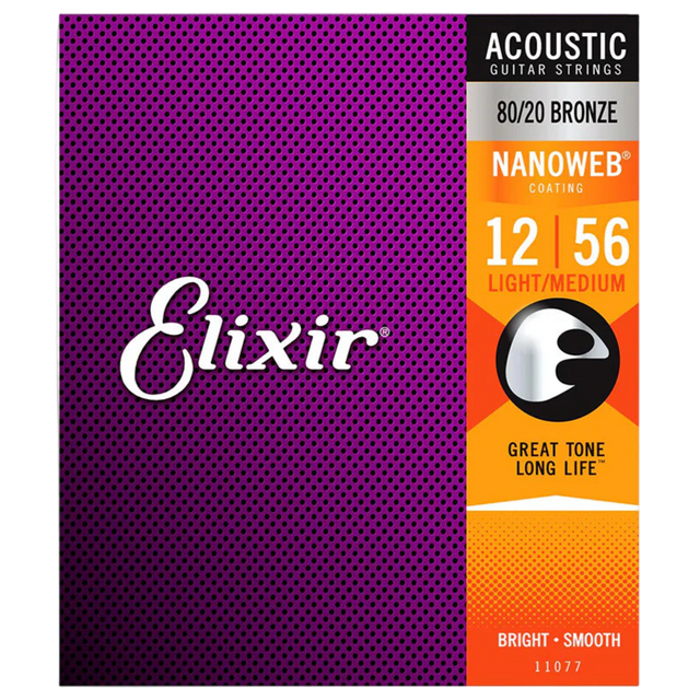 Elixir acoustic guitar strings packaging with purple and orange design