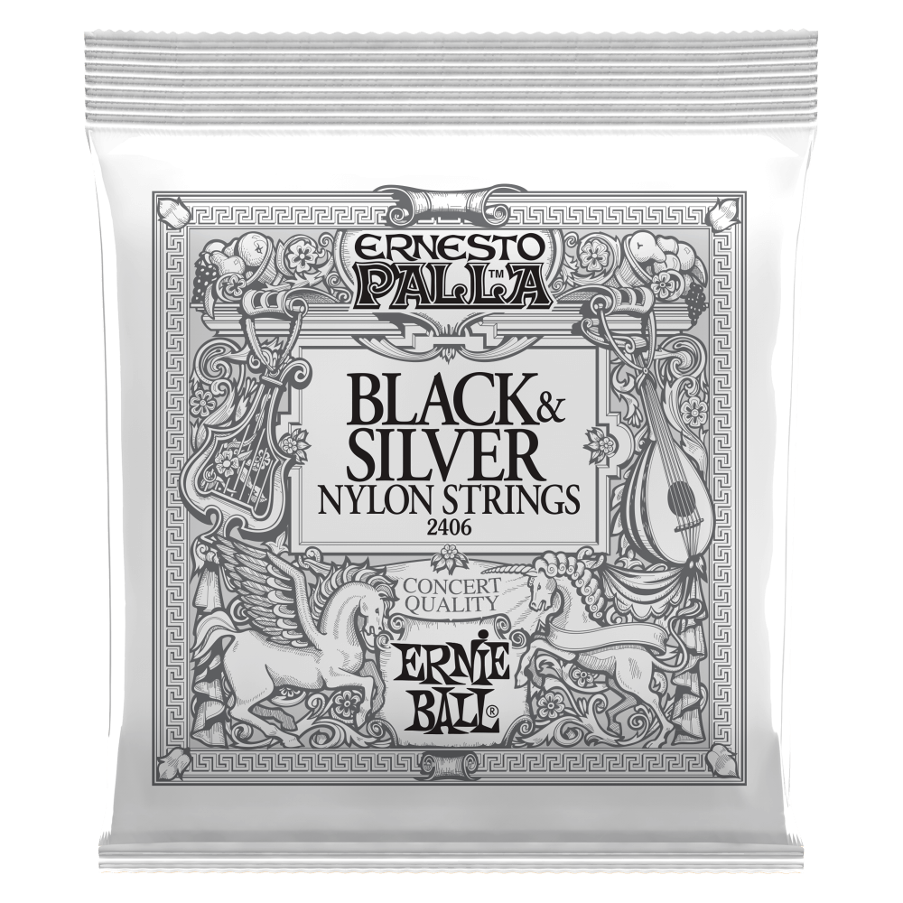 ERNIE BALL Ernesto Palla Black & Gold Ball-End Nylon Classical Guitar Strings front view of packaging