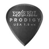 A single black Ernie Ball Prodigy guitar pick with the brand name and thickness '1.5mm' printed on it.