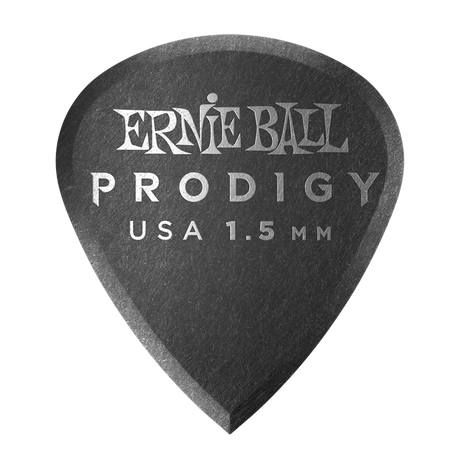 A single black Ernie Ball Prodigy guitar pick with the brand name and thickness '1.5mm' printed on it.