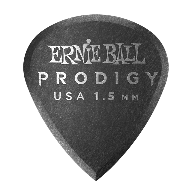 A single black Ernie Ball Prodigy guitar pick with the brand name and thickness '1.5mm' printed on it.