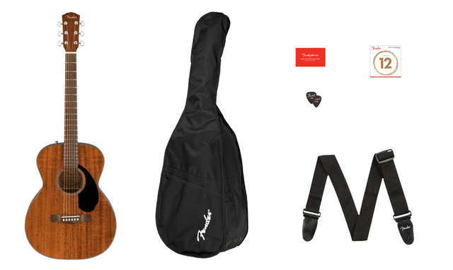 Acoustic guitar, black gig bag, strap, and pick on a white background