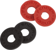Red and black Fender strap block washers on a clear background