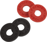 Red and black Fender strap block washers on a clear background