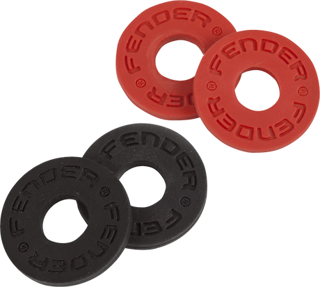 Red and black Fender strap block washers on a clear background