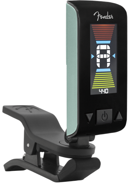 Fender Original Tuner with a bright LCD horizontal display and a 360° angle-adjustable swivel, in iconic Fender colours, designed for tuning stringed instruments.