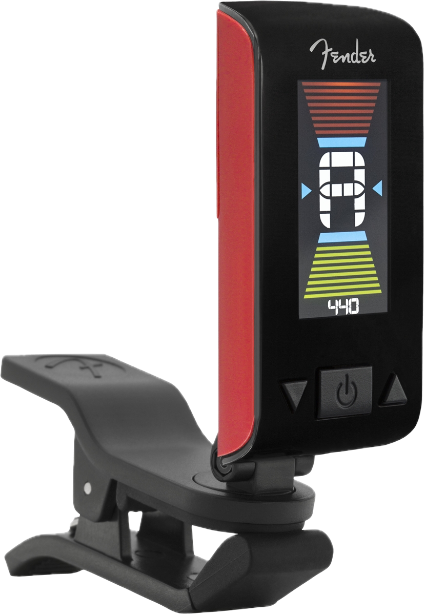 Fender Original Tuner with a bright LCD horizontal display and a 360° angle-adjustable swivel, in iconic Fender colours, designed for tuning stringed instruments.