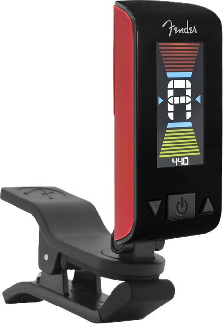 Fender Original Tuner with a bright LCD horizontal display and a 360° angle-adjustable swivel, in iconic Fender colours, designed for tuning stringed instruments.