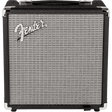 Fender Rumble 15 V3 Bass Amplifier, a compact black guitar amp with a front-facing speaker grille and the Fender logo displayed on the top.