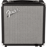 Fender Rumble 15 V3 Bass Amplifier, a compact black guitar amp with a front-facing speaker grille and the Fender logo displayed on the top.
