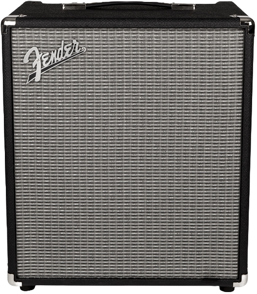 Fender Rumble 100 V3 Bass Guitar Amplifier, black in color with a front-facing speaker grille and the Fender logo visible on the top corner.