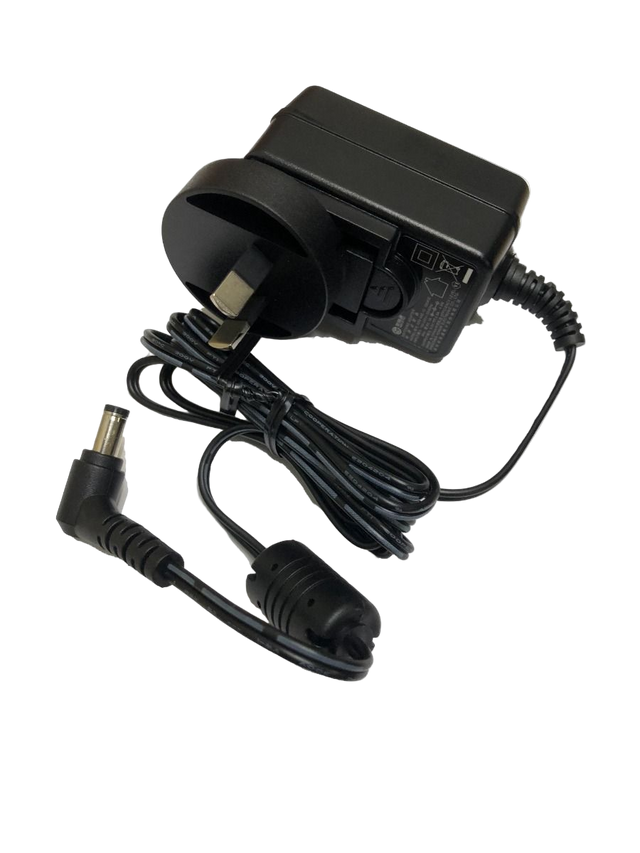 Black power adapter with plug and cable on a clear background