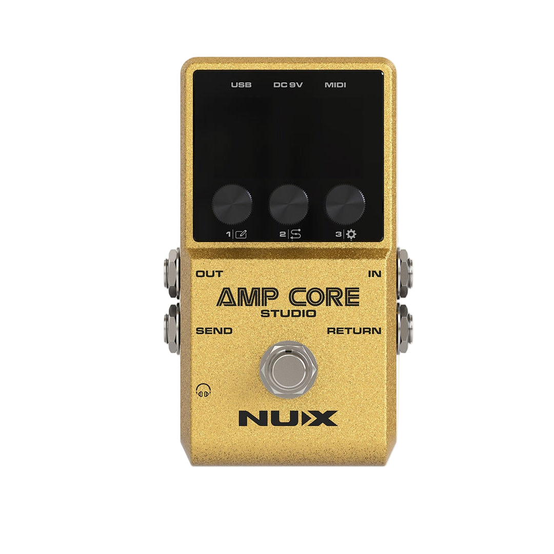 Gold NUX Amp Core Studio guitar effects pedal on a clear background