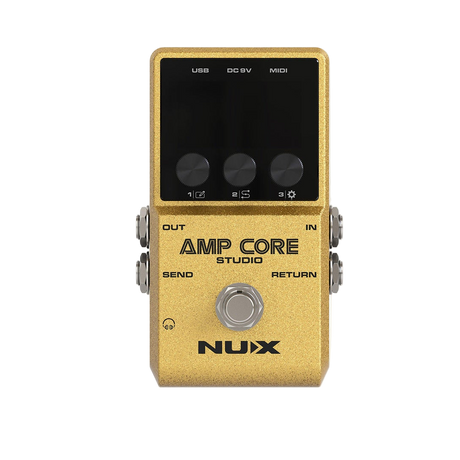 Gold NUX Amp Core Studio guitar effects pedal on a clear background